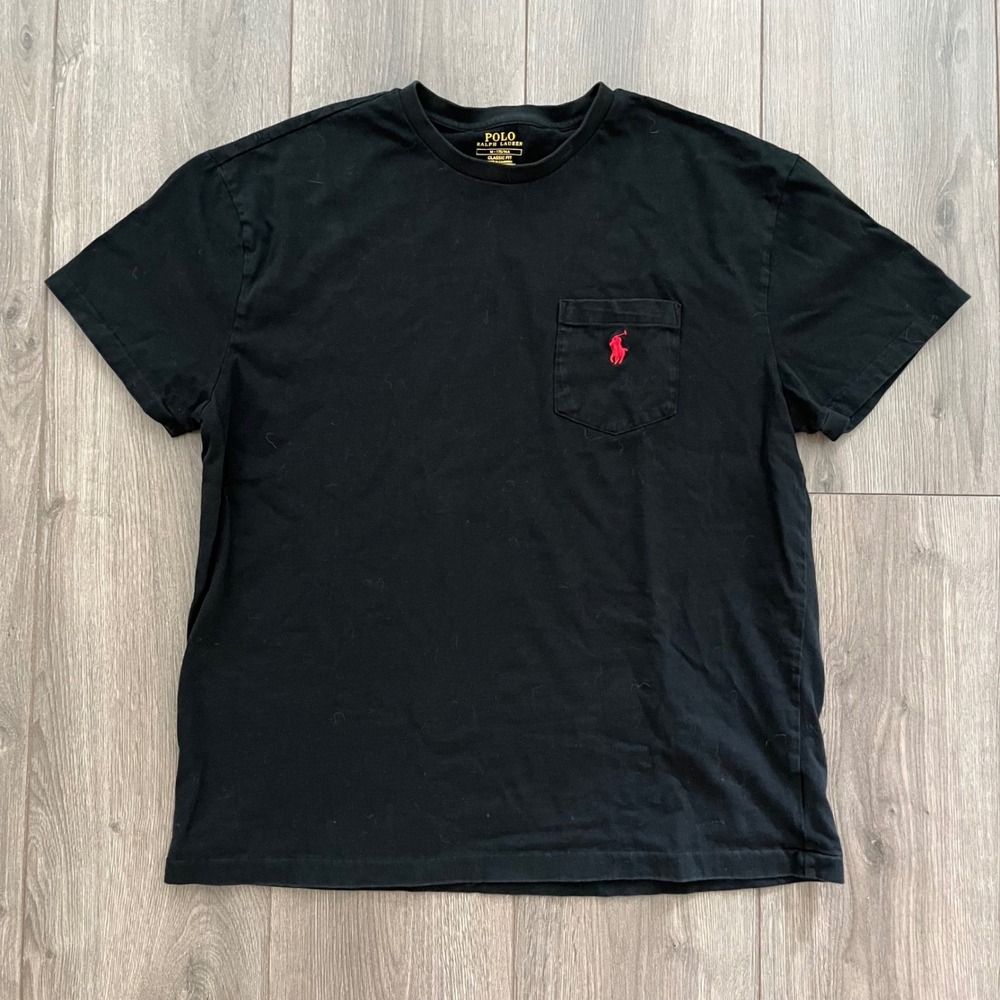 Polo Ralph Lauren Mens Classic Fit Pocket T-Shirt Black Red Pony Logo Size M
